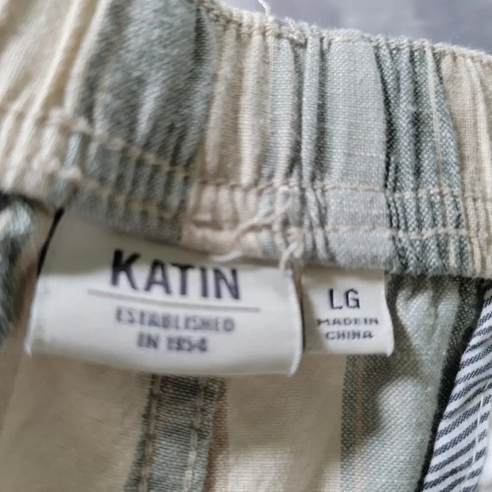 Katin Mens L Linen Cotton Pullon Elastic Waist Striped Shorts 6